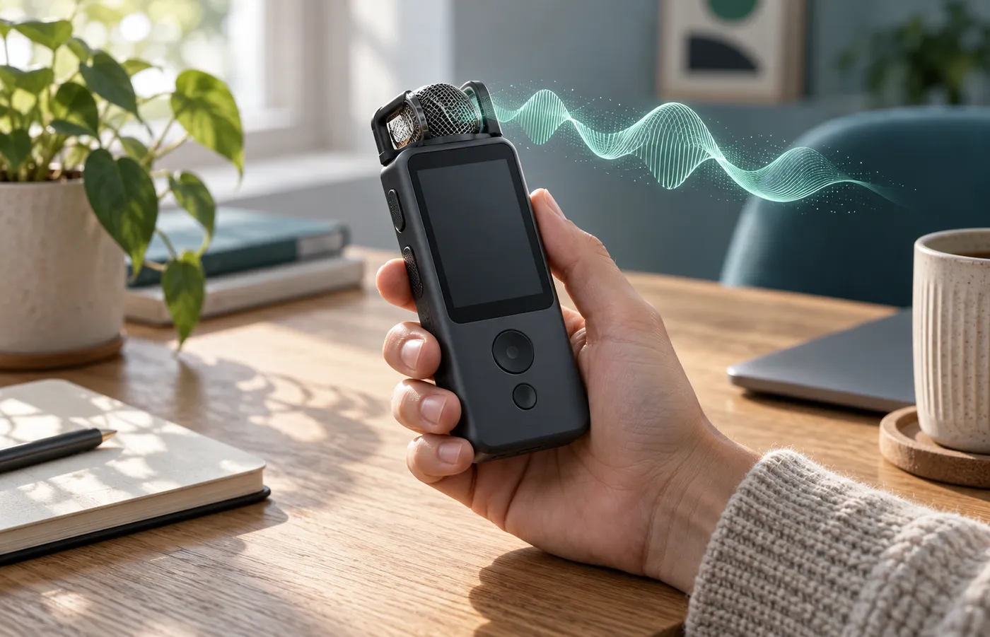 A handheld recorder with a touchscreen held ready to record