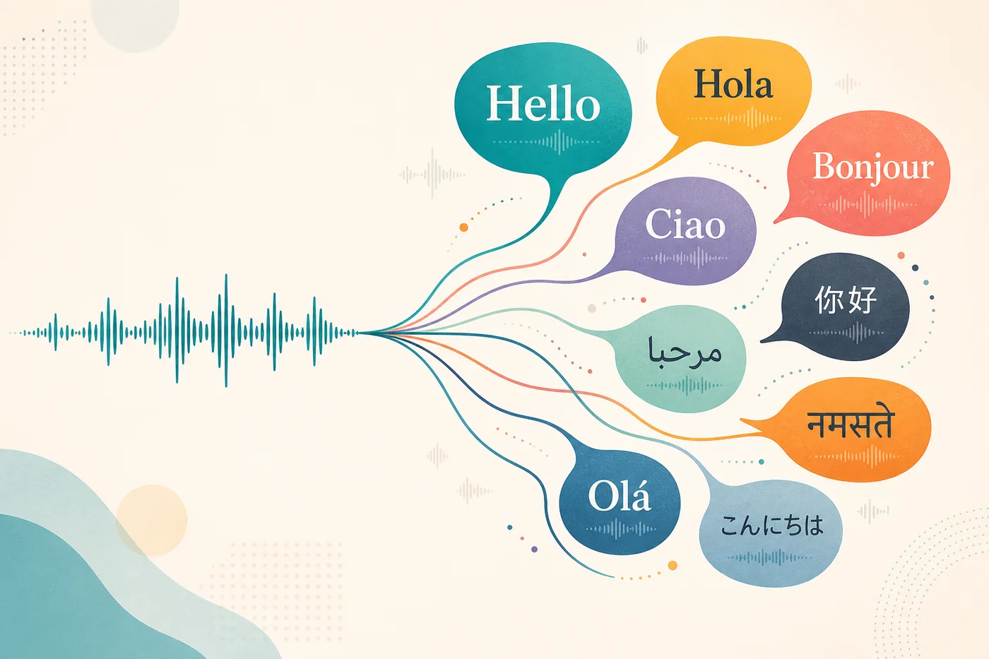 One audio waveform splitting into colorful greeting speech bubbles in many languages