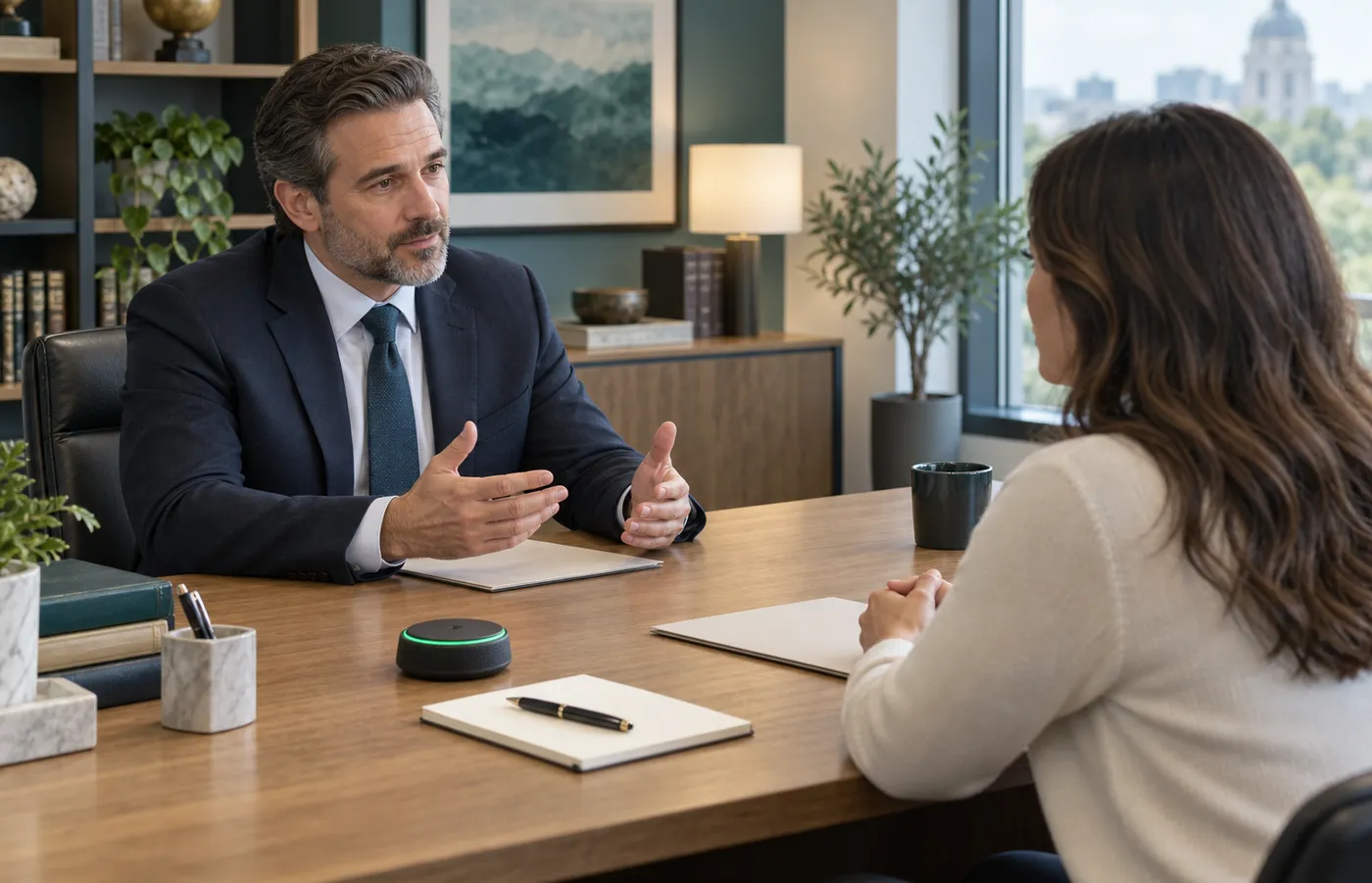 Attorney-client consultation with a small AI recorder capturing the conversation