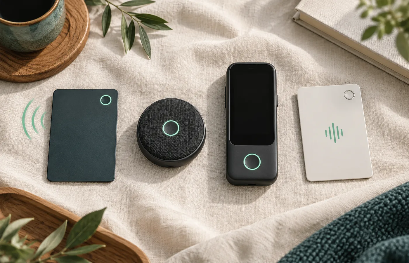 Four generic AI recorder form factors laid out side by side