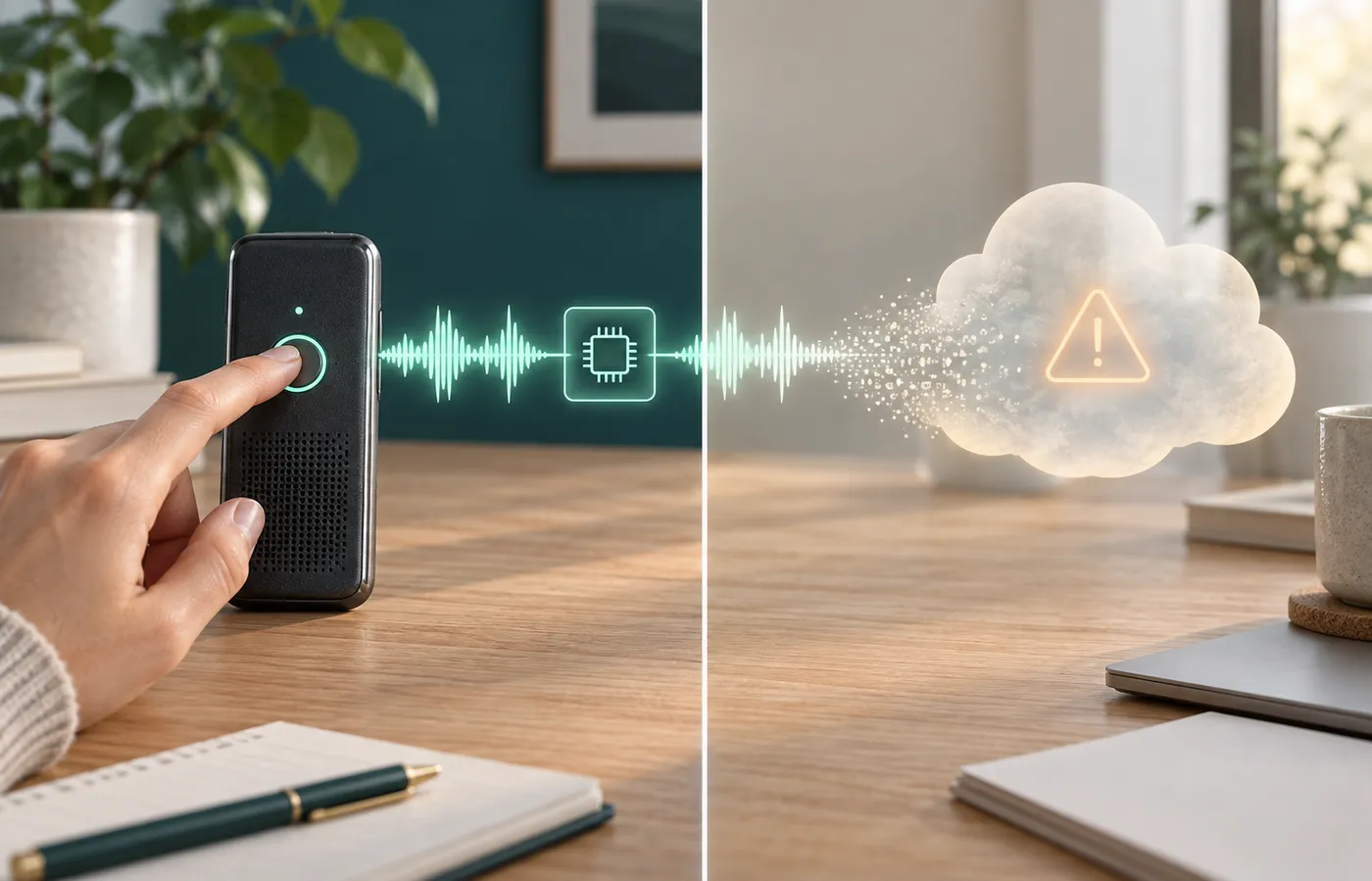 Concept illustration of on-device transcription versus cloud upload for privileged recordings