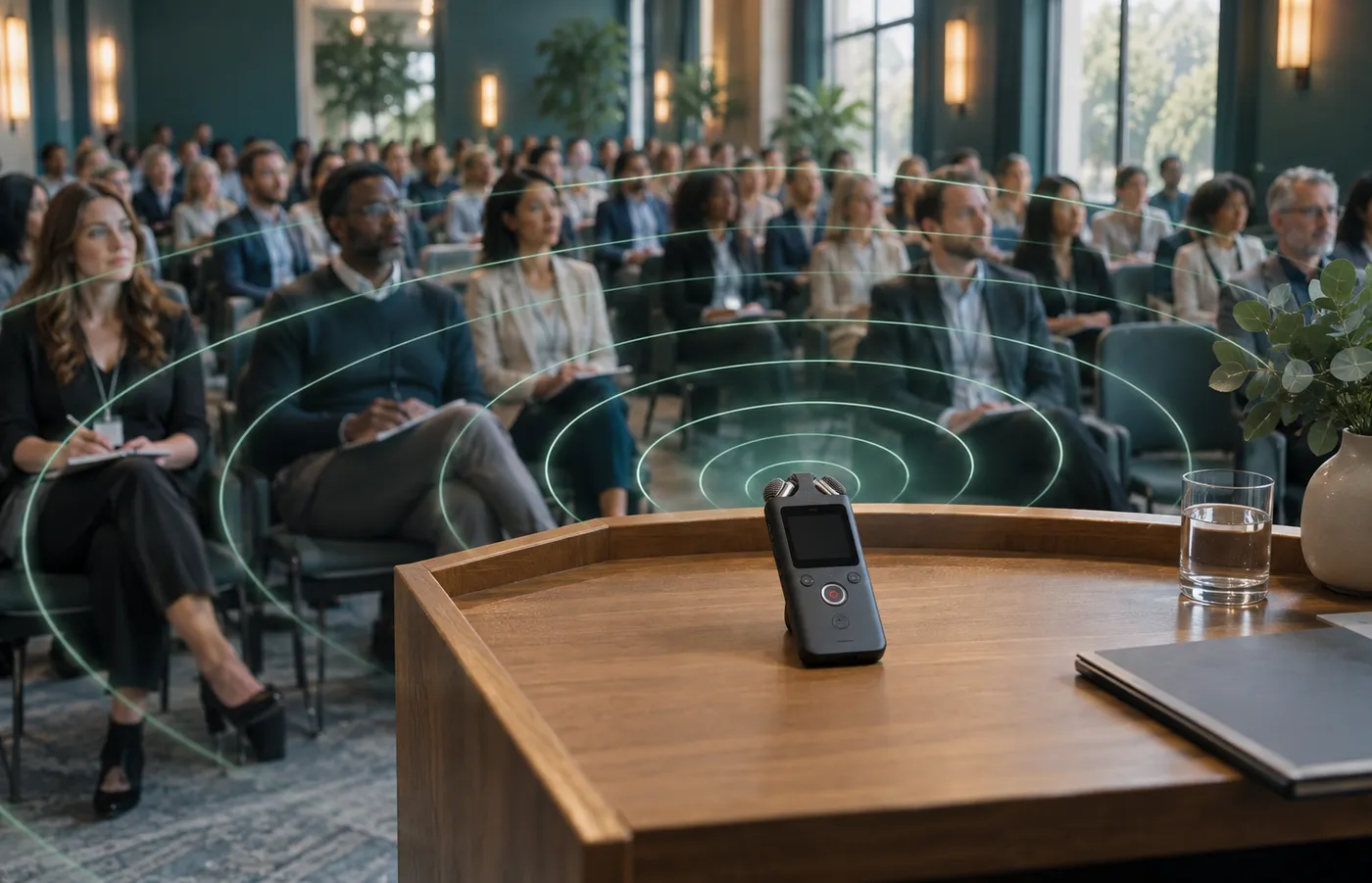 A recorder's microphone reach visualized across a meeting room