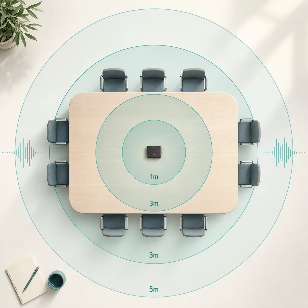 Top-down conference table with a recorder card and concentric 1m, 3m, and 5m pickup rings