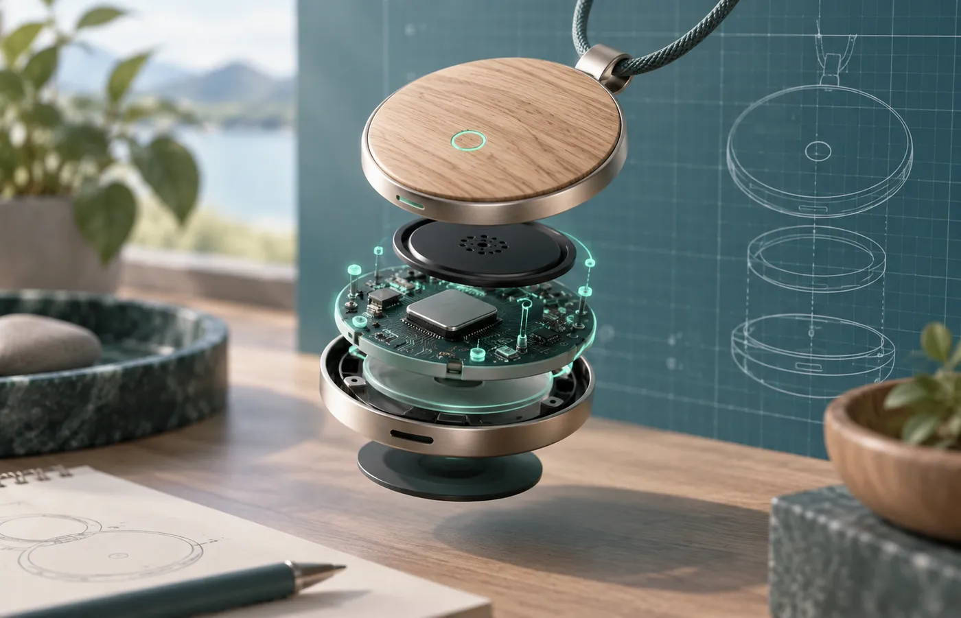 An exploded view of an open-hardware pendant recorder