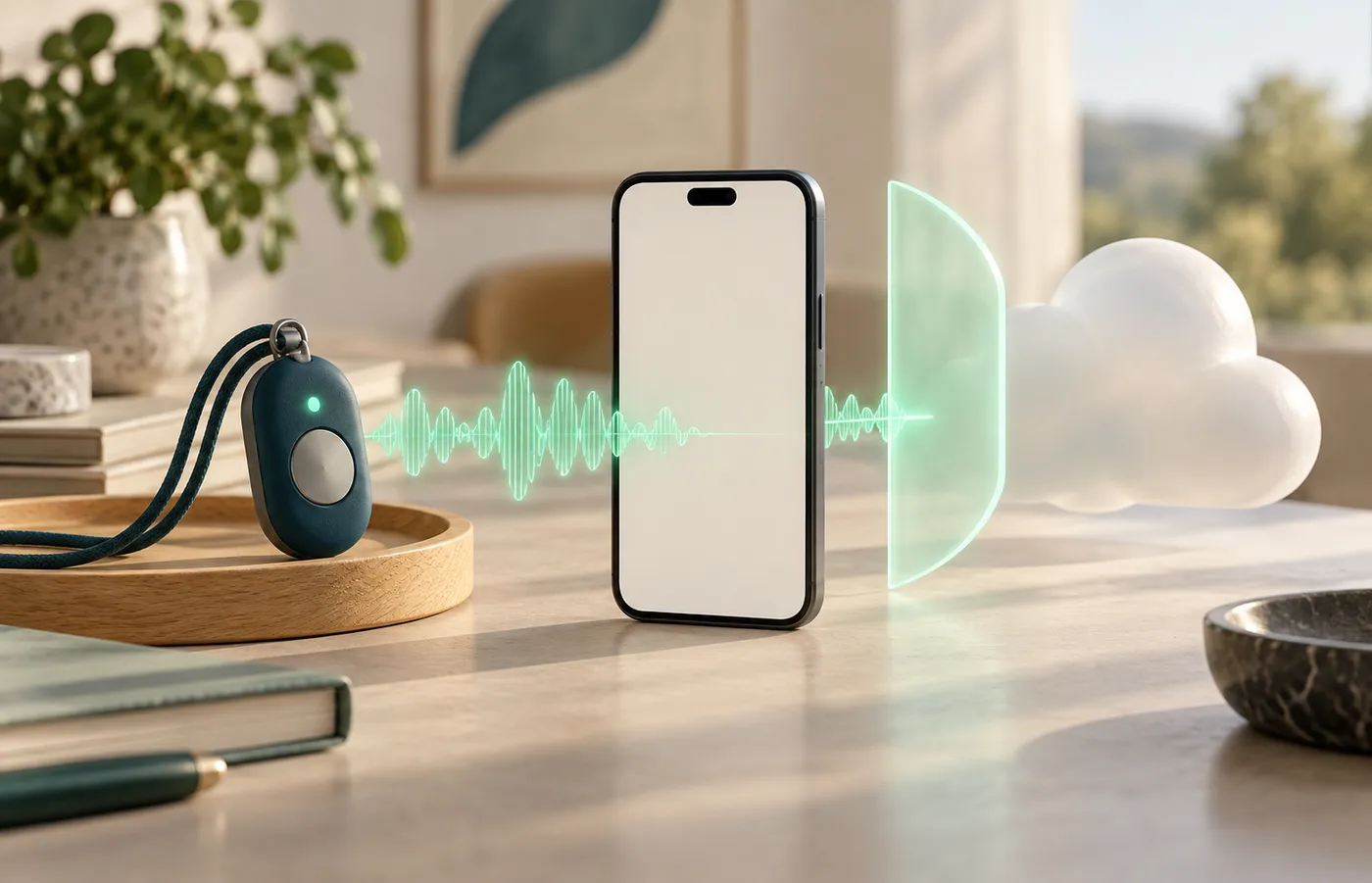 On-device processing illustrated as a waveform stopping before the cloud