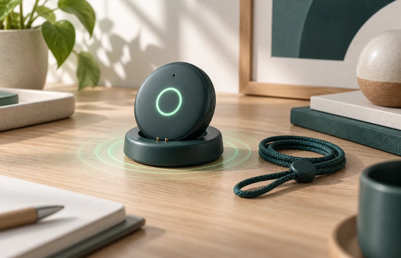 A round pendant recorder resting on its charging dock