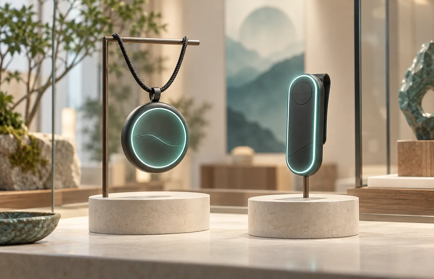 A round pendant recorder and a slim pin wearable presented side by side