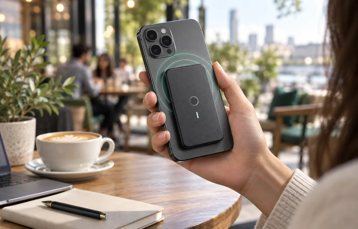 A card recorder magnetically attached to the back of a phone