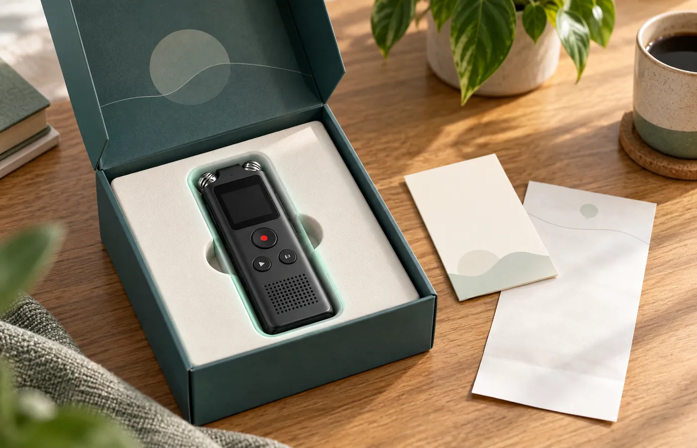 A recorder with its warranty card and receipt after unboxing