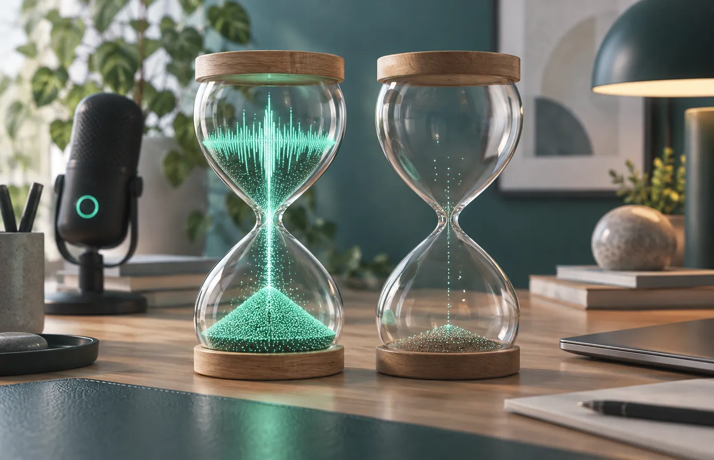 Two hourglasses contrasting active recording drain against standby drain