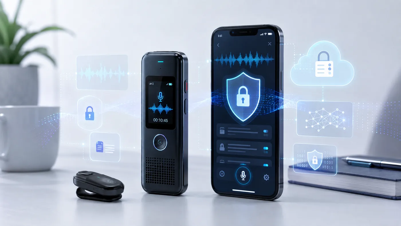AI voice recorder and smartphone surrounded by privacy, encryption and cloud security symbols