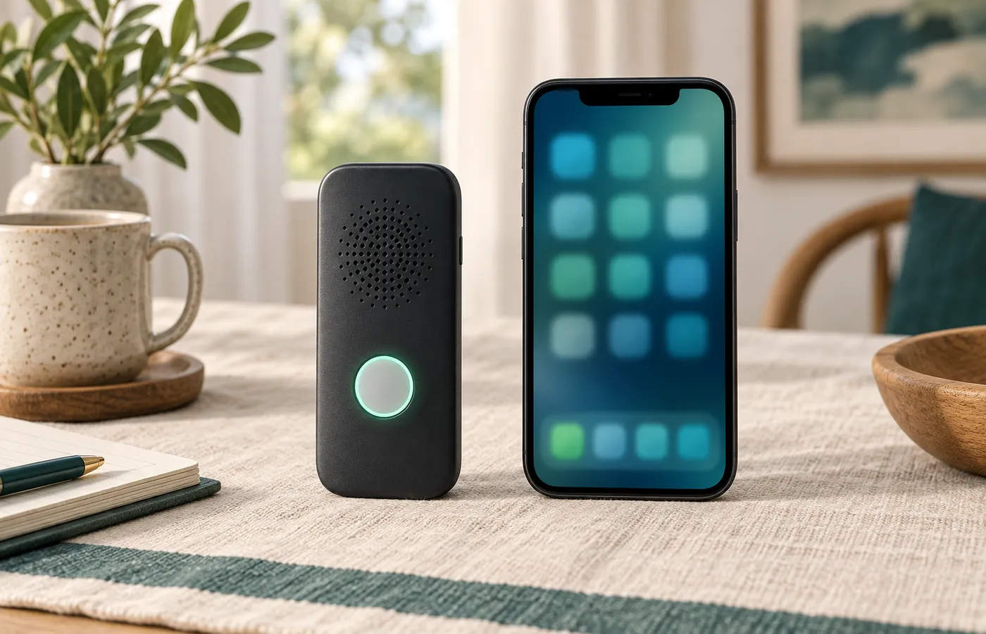 A single-button recorder contrasted with a smartphone app interface