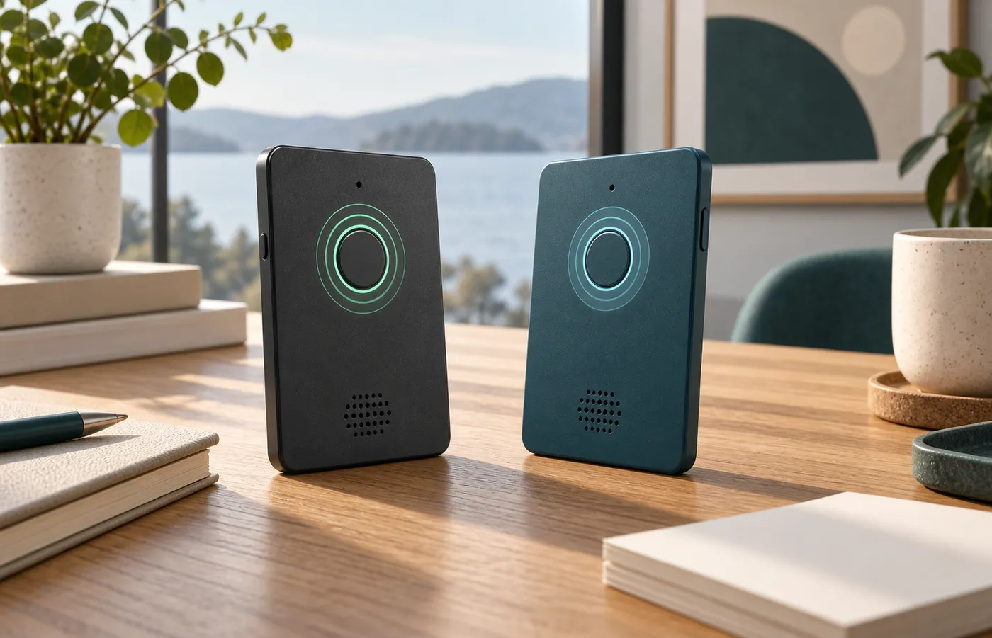 Two card recorders compared side by side on a wooden desk