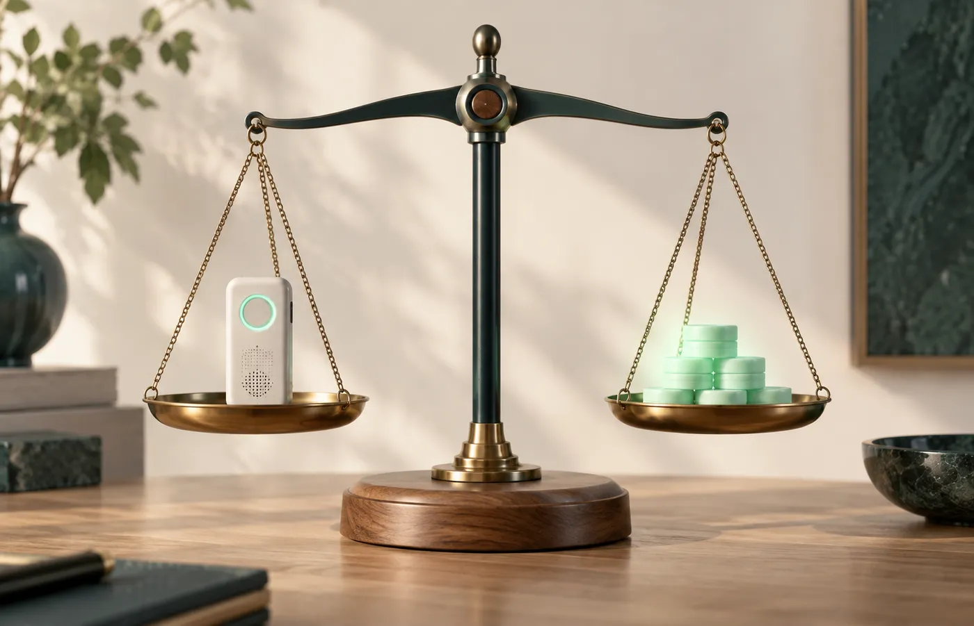 A balance weighing a recorder against a stack of transcription minutes